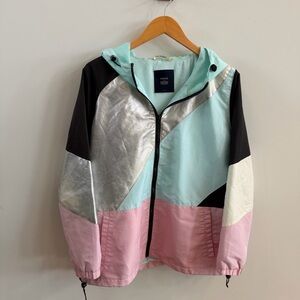 Women's Colorblock fleece lined Jacket - Black, Silver, Mint, Pink - Size Large